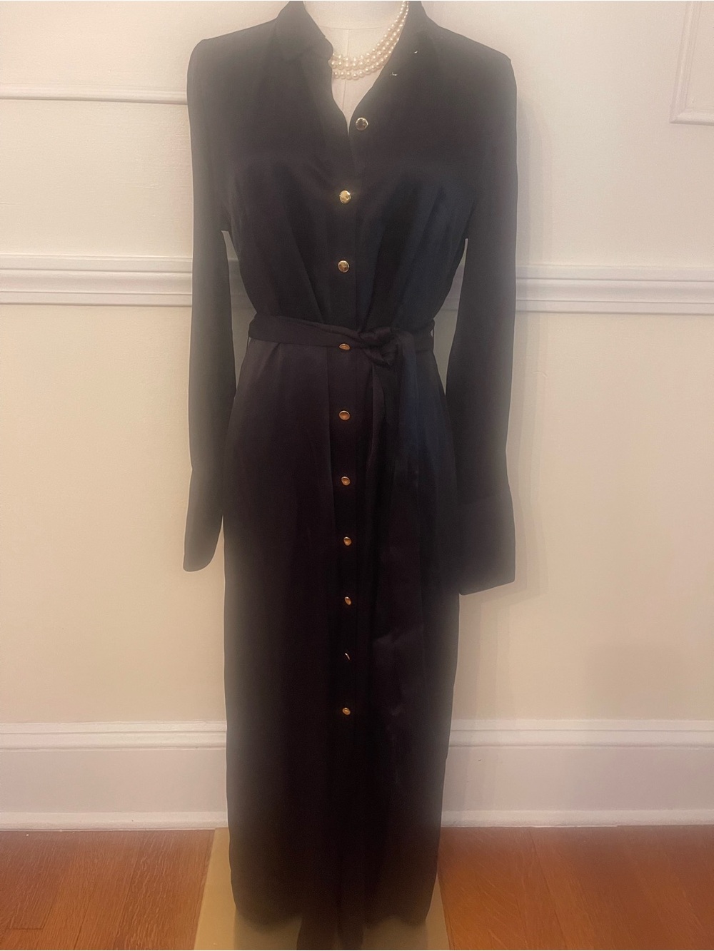 J. Crew Black Maxi Shirt Dress with Gold Buttons and Self Tie